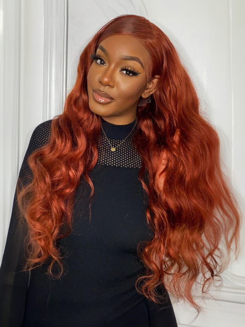 6x4.5 Pre-Cut Lace Body Wave Wig Copper Brown Put On And Go Lace Air Wig 150% Density