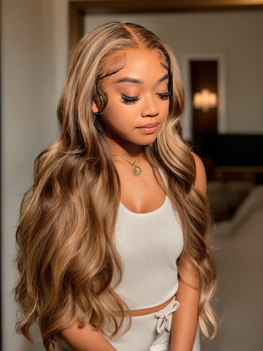 UNice Pre-Plucked Body Wave Honey Blonde Highlight Lace Wigs Human Hair 150% Colored Wigs