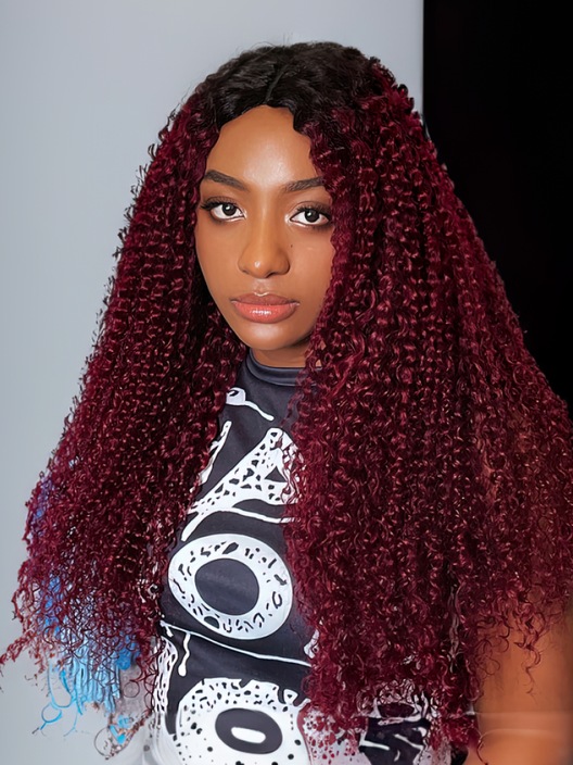 [24"=$159] V Part Magenta Ombre With Dark Roots Curly Wig