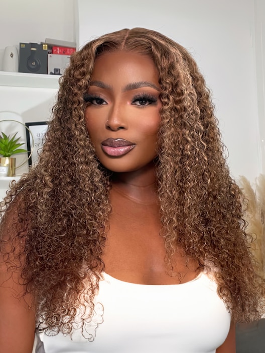 [From 20"] 200% Density 6x4.5 Pre Cut Lace 200% Density Honey Blonde Highlights Perfect Color Curly Air Wig