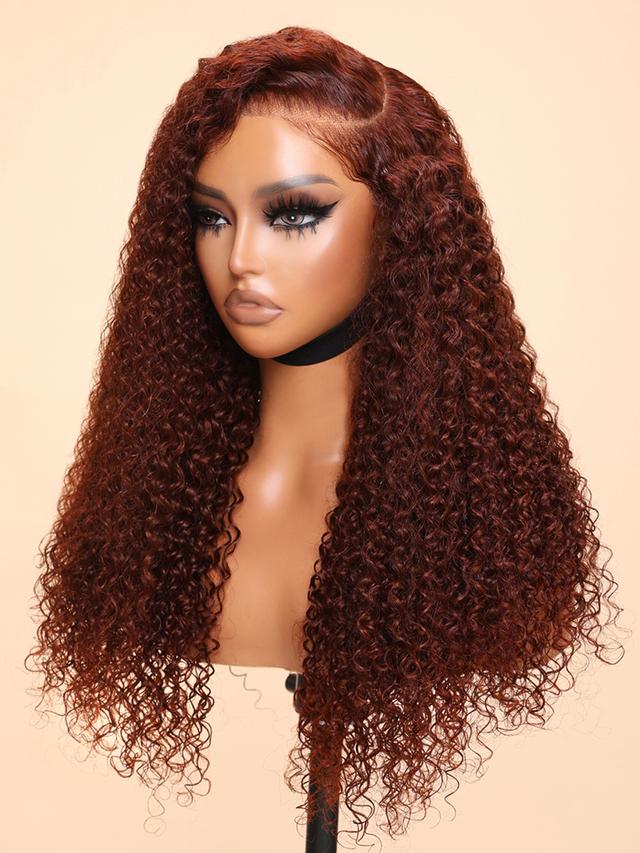 7x5 Bye Bye Knots Wig Glueless Lace Reddish Brown Curly Wig With Bleached Knots Bouncy 150% Density