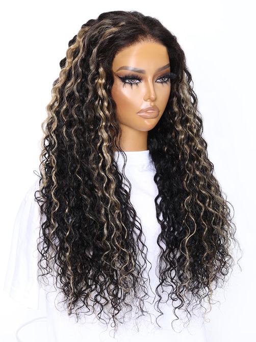 UNice Bye-Bye Knots Wig 7x5 Lace Black With Blonde Highlights Water Wave Wig