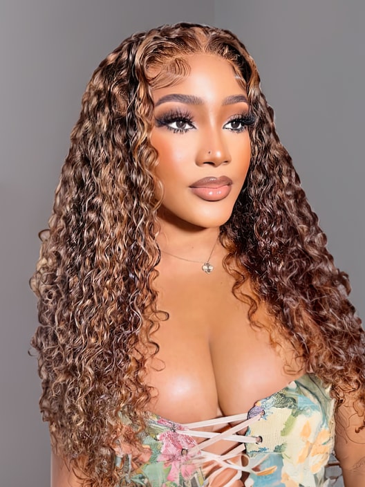 13x4 Lace Front Toffee Brown With Highlights And Cute Curls 150% Density Wigs