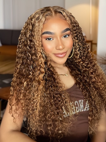 [200% Density 24"=$139] Bye Bye Knots 6x4.5 Pre Cut Lace Ombre Honey Blonde Highlight Jerry Curly Wig with Baby Hair With Bleached Knots