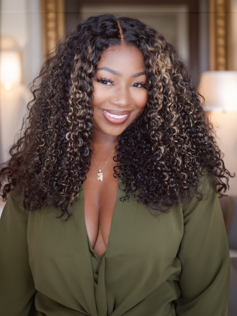[From 20"] 6x4.5 Pre Cut Lace Curly Wig Put On And Go Quick Easy Black With Blonde Highlights 150% Density