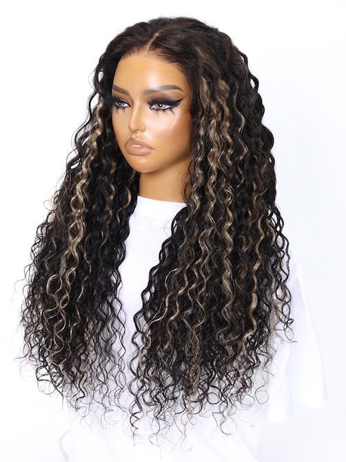 UNice Bye-Bye Knots Wig 7x5 Lace Black With Blonde Highlights Water Wave Wig