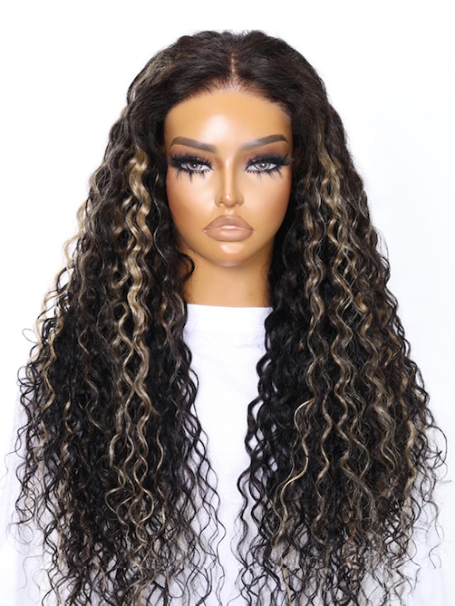 UNice Bye-Bye Knots Wig 7x5 Lace Black With Blonde Highlights Water Wave Wig