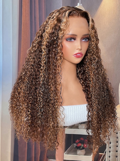 [180% Density] Bye Bye Knots Wig 7x5 Glueless Lace Honey Brown Highlights Jerry Curly Wig With Bleached Knots