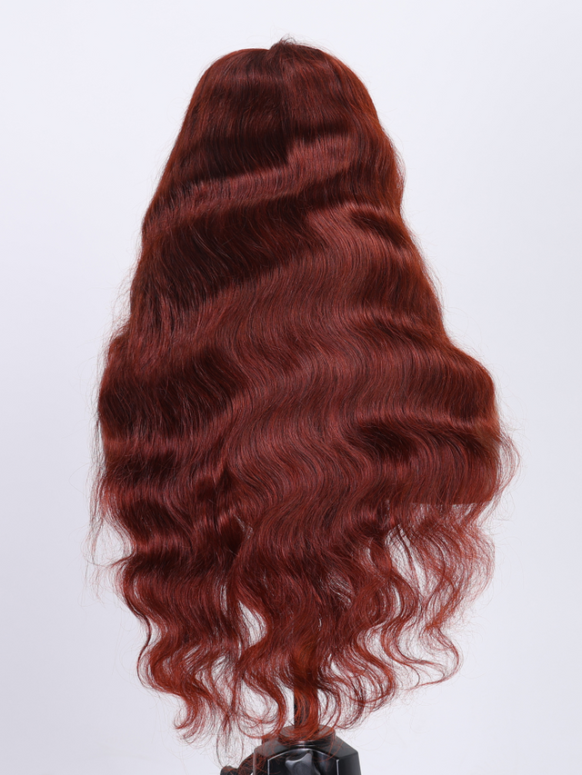 7x5 Byebye Knots Lace Reddish Brown Body Wave Bleached Knots Blend Seamless Wig