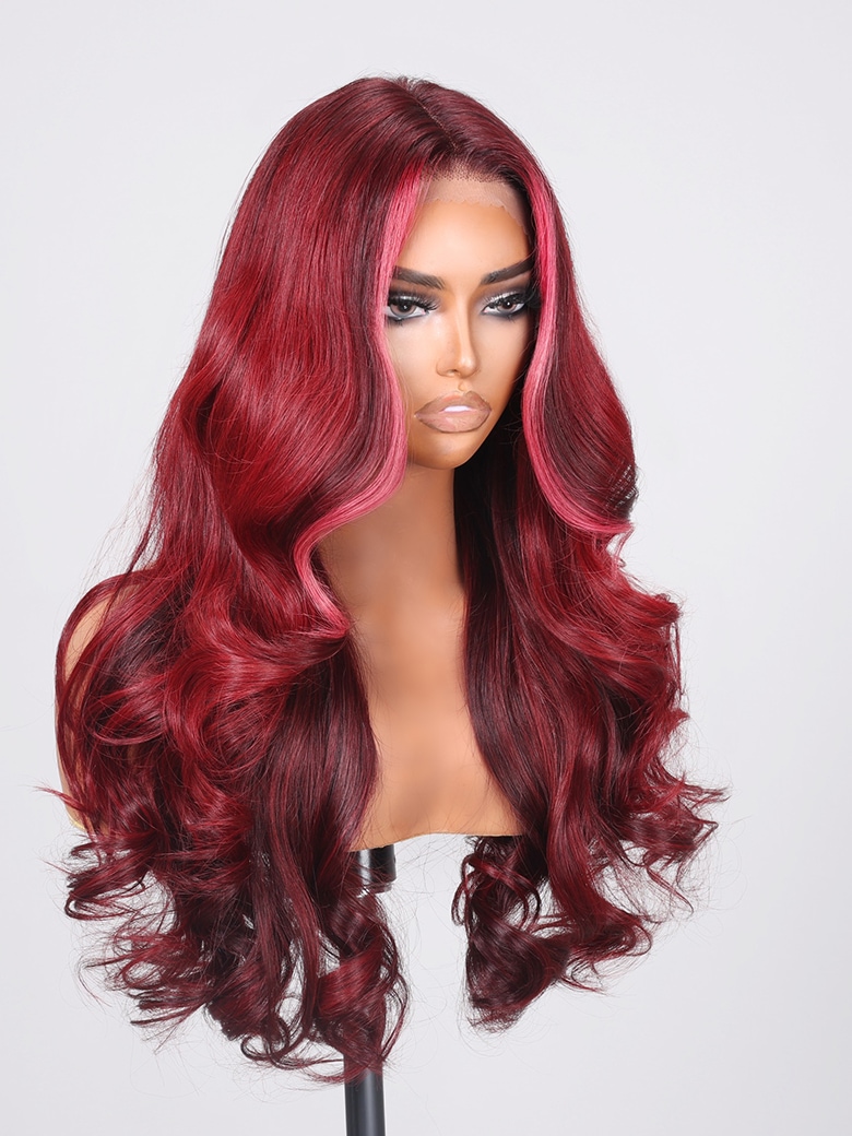 Celebrity Wavy dream hot pink burgundy h.d hot freepart lace front wig.