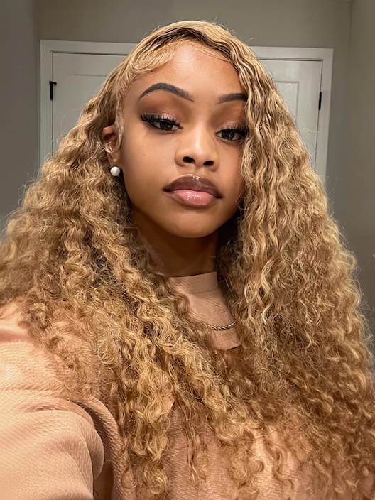 13x4 Lace Front Light Golden Brunette Glossy Water Wave Wig 150% Density