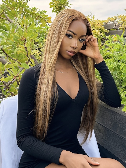 [24"=$159] Put On And Go 6x4.5 Pre Cut Lace with Baby Hair Honey Blonde Highlights Straight Hair Air Wig