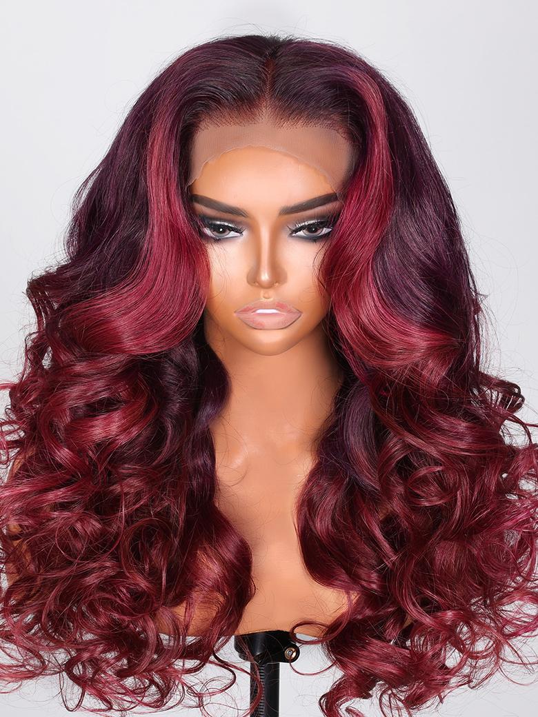 UNice 13x4 Lace Front Burgundy Loose Wave Wig With Ruby Red Face Framing Highlights