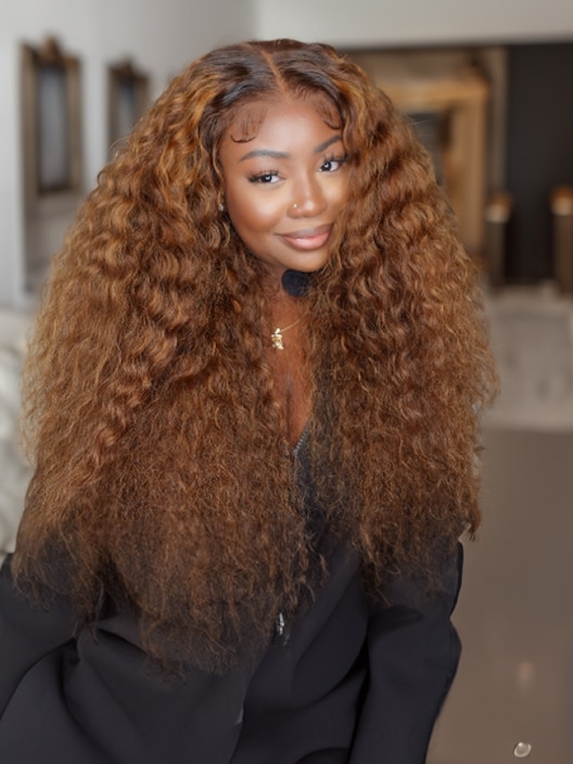 6x4.5 Pre Cut Lace Put On And Go Brown Piano Highlights Water Wave Glueless Wig 150% Density