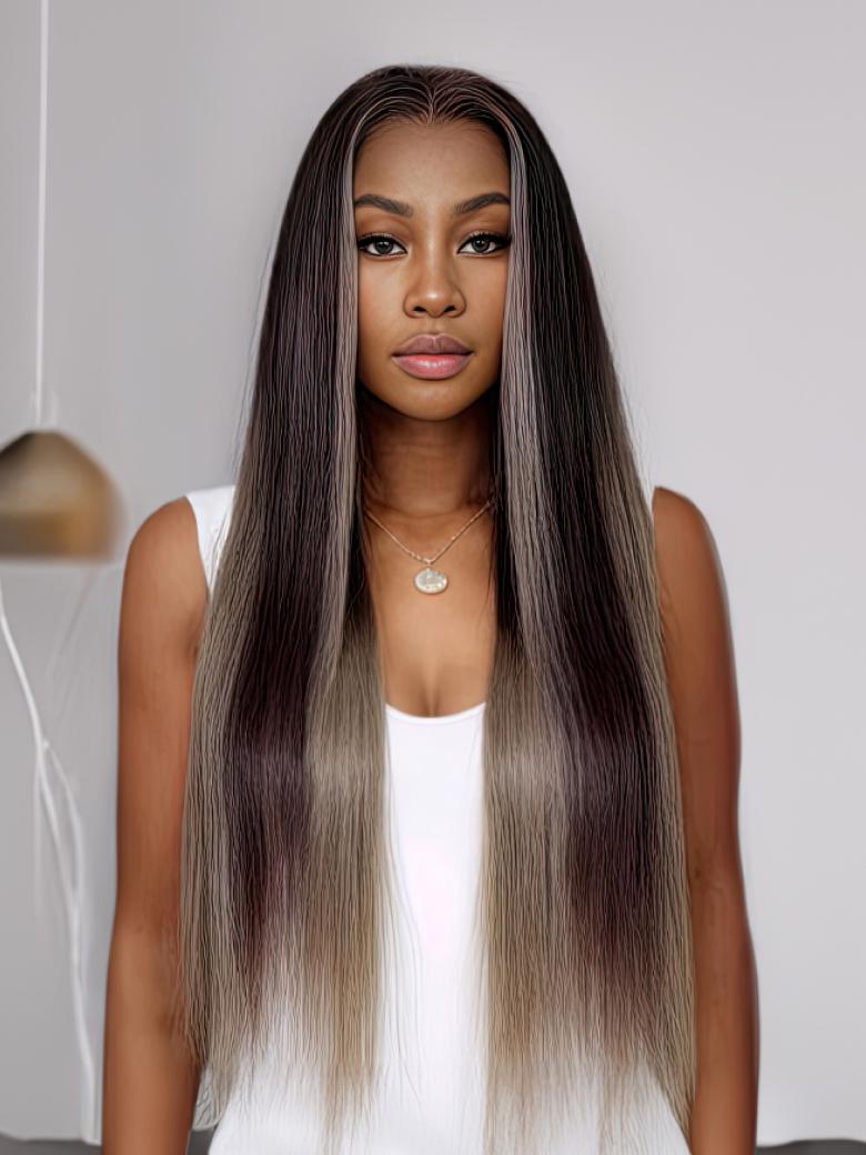24 Inch 13x4 Lace Front Ash Purple Ombre Straight Human Hair Wig