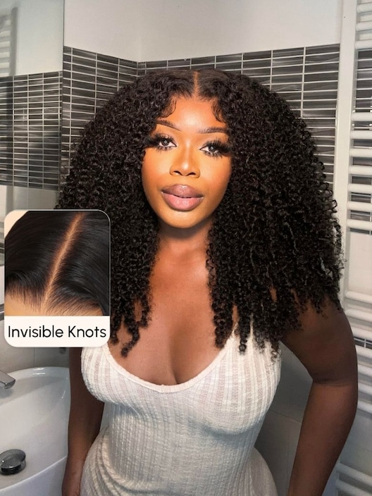 Bye Bye Knots Wig 7x5 Glueless Lace Black Kinky Curly Wig With Bleached Knots 180% Density