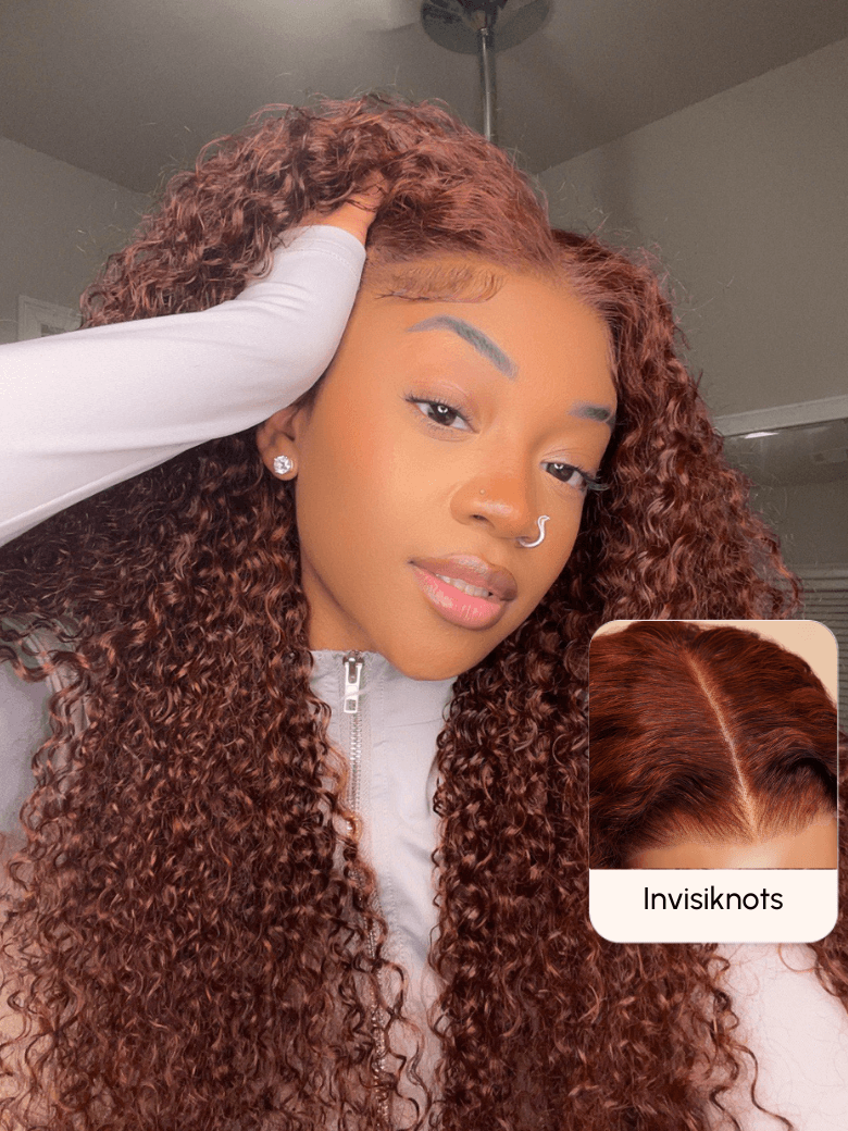 13x4/7x5 Glueless Lace Bye-Bye Knots Wig Reddish Brown Curly Wig With Bleached Knots 150% Density