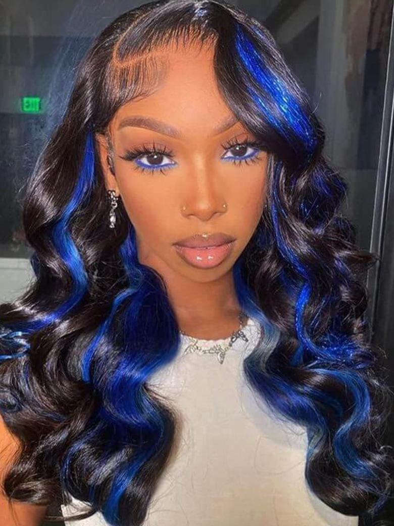[24 Inch] 13x4 Lace Frontal Blue Highlight Colored Wigs 200% Density