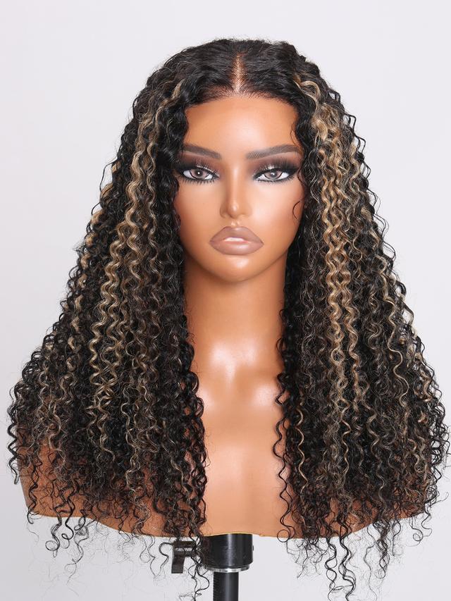 UNice Bye Bye Knots Wig 7x5 Glueless Lace Honey Brown Highlights Jerry Curly Wig With Bleached Knots