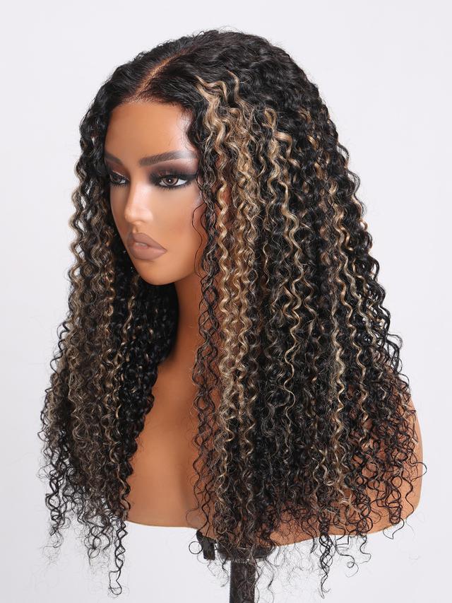 UNice Bye Bye Knots Wig 7x5 Glueless Lace Honey Brown Highlights Jerry Curly Wig With Bleached Knots