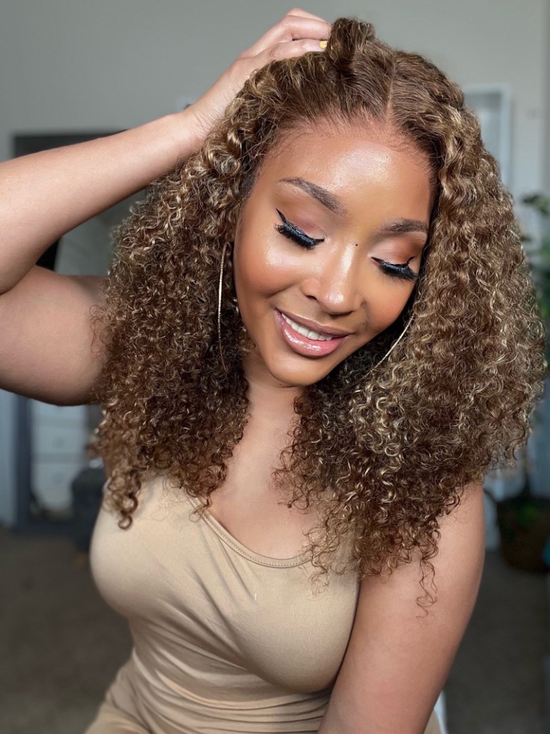 UNice Jerry Curly 4x4 Lace Closure Honey Blonde Balayage On Brown Wig