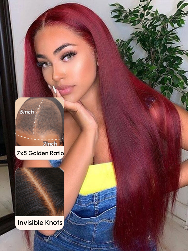 [From 20 Inch] UNice Bye Bye Knots Wig 7x5 Glueless Lace Burgundy Yaki Wig With Bleached Knots