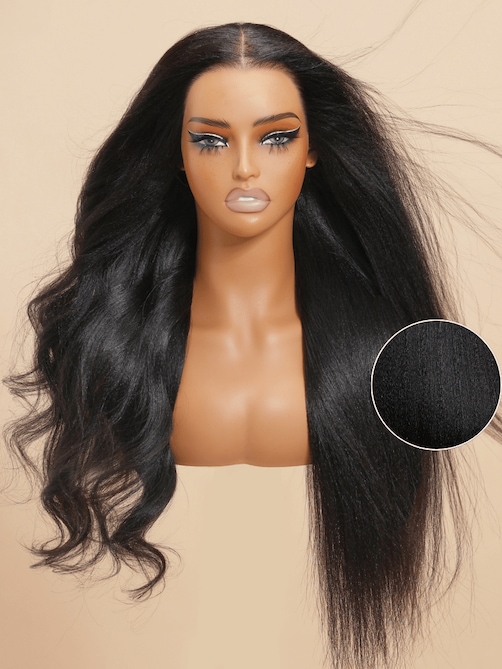 7x5 Bye Bye Knots Wig Glueless Lace Black Yaki Wig With Bleached Knots Bouncy 150% Density