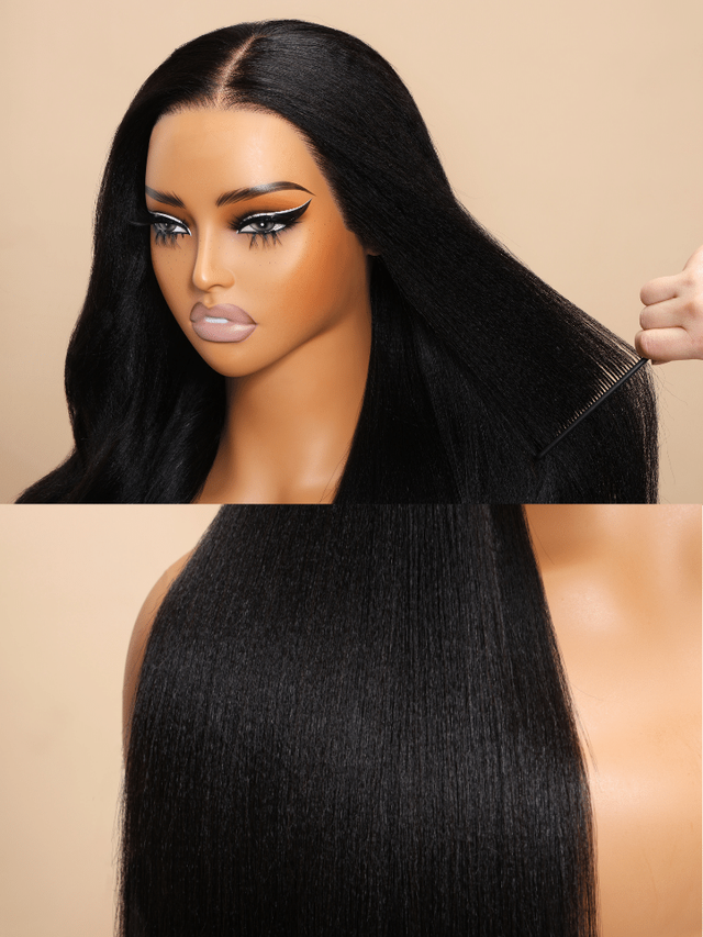 Bye Bye Knots Wig 7x5 Glueless Lace Black Yaki Wig With Bleached Knots