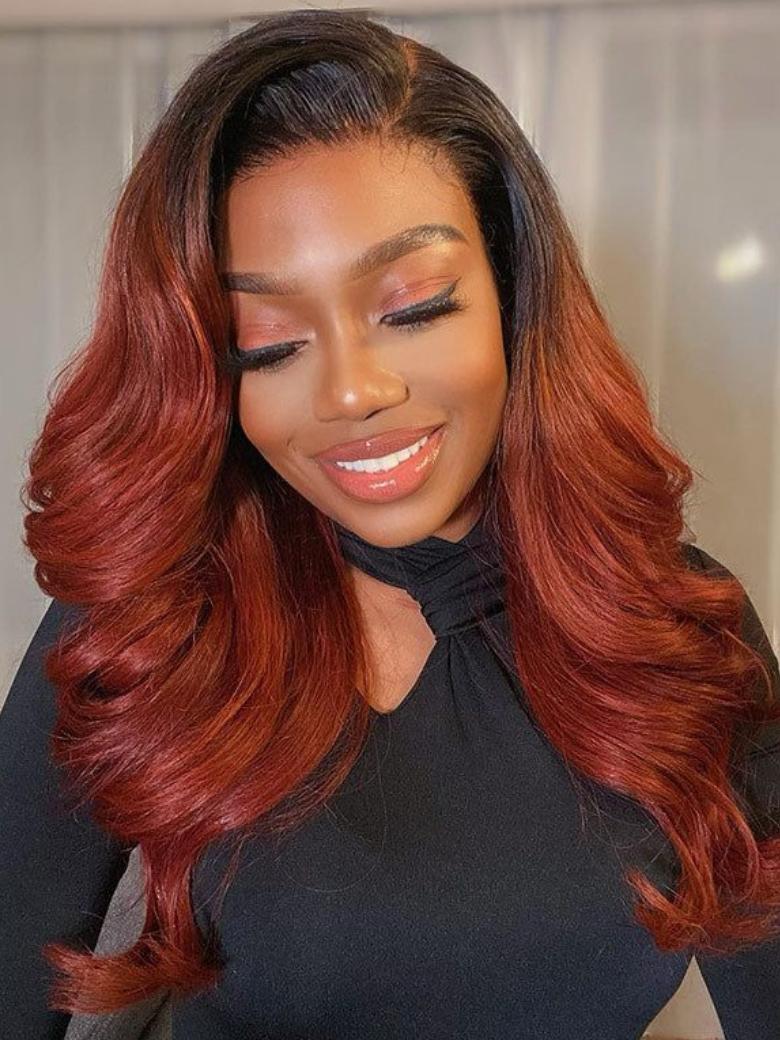 Glueless Breezy Cap V Part Wig No Glue Throw On And Go Red Brown Body Wave Wig With Dark Roots