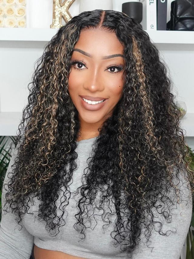 UNice Bye Bye Knots Wig 7x5 Glueless Lace Honey Brown Highlights Jerry Curly Wig With Bleached Knots