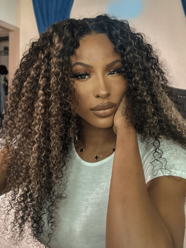 UNice Bye Bye Knots Wig 7x5 Glueless Lace Honey Brown Highlights Jerry Curly Wig With Bleached Knots
