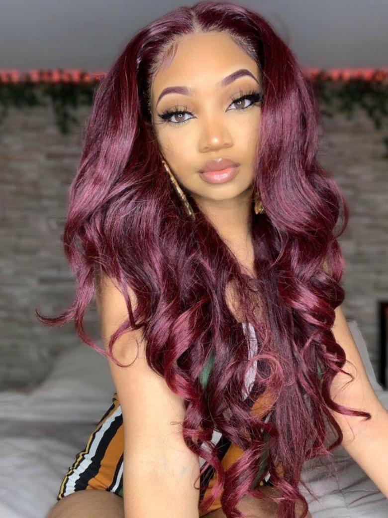 [24"=$79 | With Gift] 13x4 Lace Front Reddish Purple Side Part Body Wave Wig 180% Density