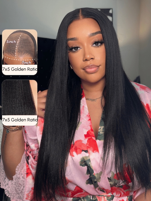 [7x5 Pre-Cut | 180% Density] 7x5 Glueless Lace Bye Bye Knots Wig Black Yaki Wig With Bleached Knots