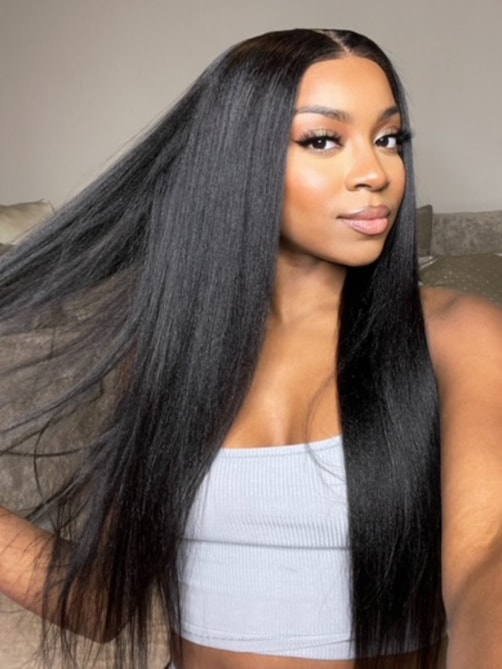 Bye Bye Knots 7x5 Glueless Lace Wig Black Yaki Wig With Bleached Knots 150% Density