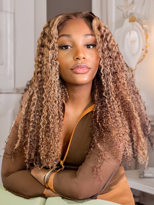 [From 20"] 6x4.5 Pre Cut Lace Wig Put On And Go Honey Blonde Kinky Curly Glueless Lace Wig 150% Density