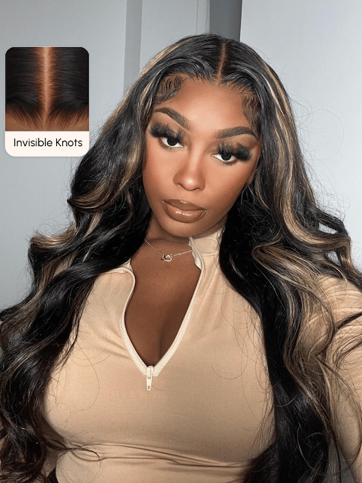 UNice Bye Bye Knots Wig 7x5 Glueless Lace Black With Blonde Highlights 3D Body Wave Bleached Knots Wig No Baby Hair