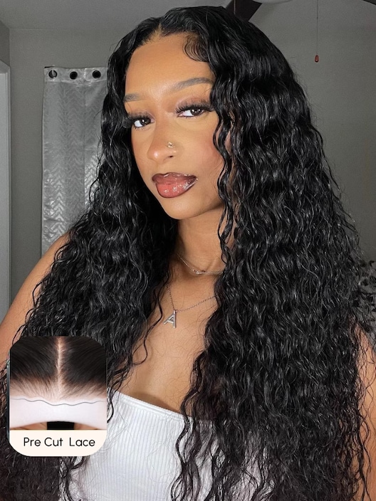 [22"/200% Density=$146] 6x4.5 Pre Cut & Pre Bleached Lace with Baby Hair Put On And Go Black Water Wave
