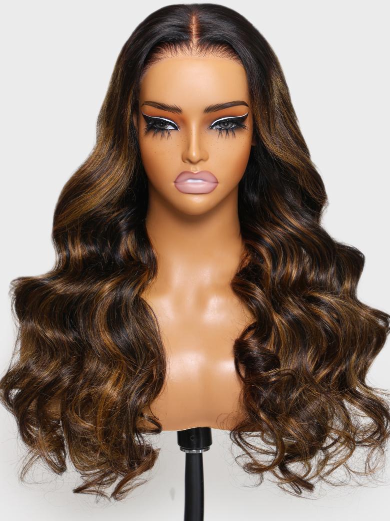 
    [24"=$129]Lace Frontal Wig Gluesess T Part Highlight Balayage Breathable Cap Body Wave Wig