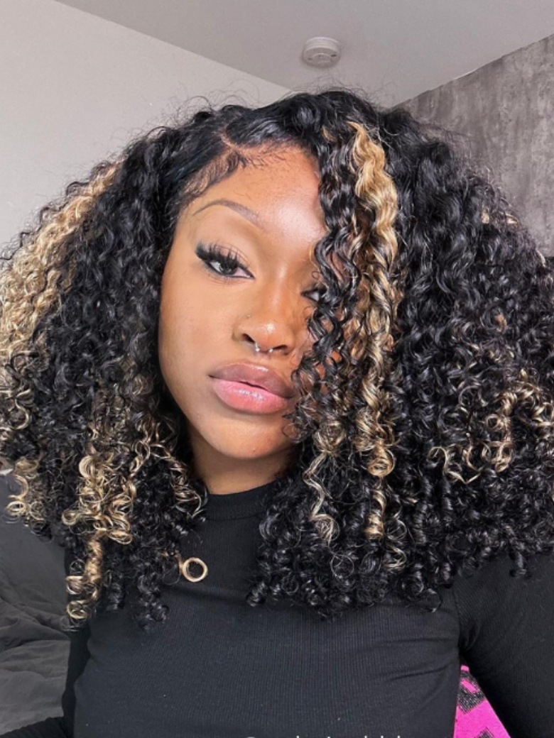 UNice Bye Bye Knots Wig 7x5 Glueless Lace Black With Blonde Highlights  Kinky Curly Bleached Knots Wig