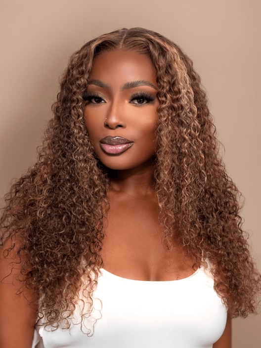 [From 18"] 6x4.5 Pre Cut Lace Put On And Go Honey Blonde Highlights Curly Air Wig with Baby Hair 150% Density