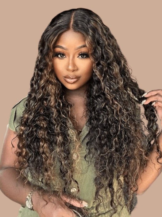 UNice Bye-Bye Knots Wig 7x5 Lace Black With Blonde Highlights Water Wave Wig