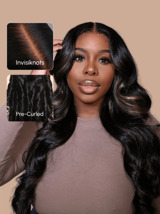Bye Bye Knots Glueless 7x5 Lace Wig Black With Blonde Highlights 3D Body Wave Bleached Knots Wig
