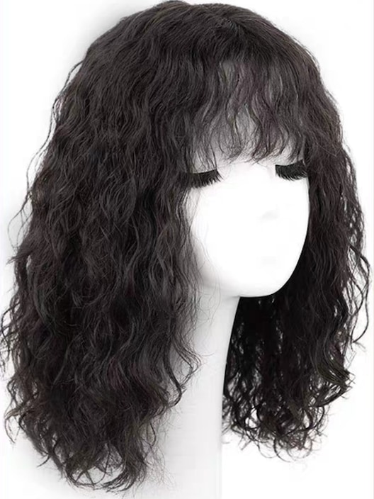 [14 Inch] UNice Machine-Made & Hand-Made Natural Black Curly Bob Wig With Bangs