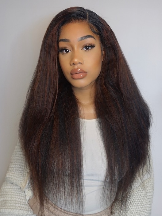 22inch 13x4 Lace Front Kinky Straight Wig Reddish Brown Piano Highlights On Dark Hair