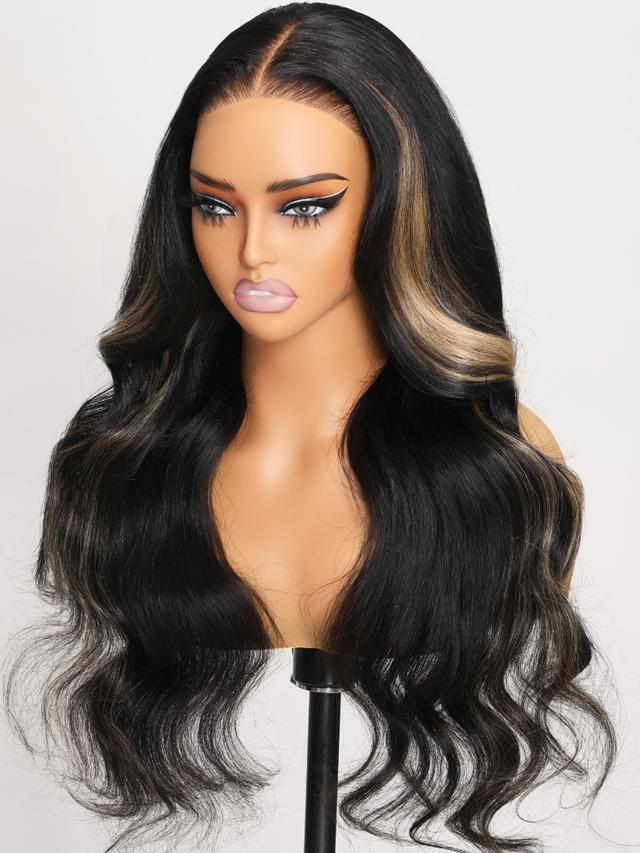 Bye Bye Knots Wig 7x5 Glueless Lace Black With Blonde Highlights 3D Body Wave Bleached Knots Wig No Baby Hair