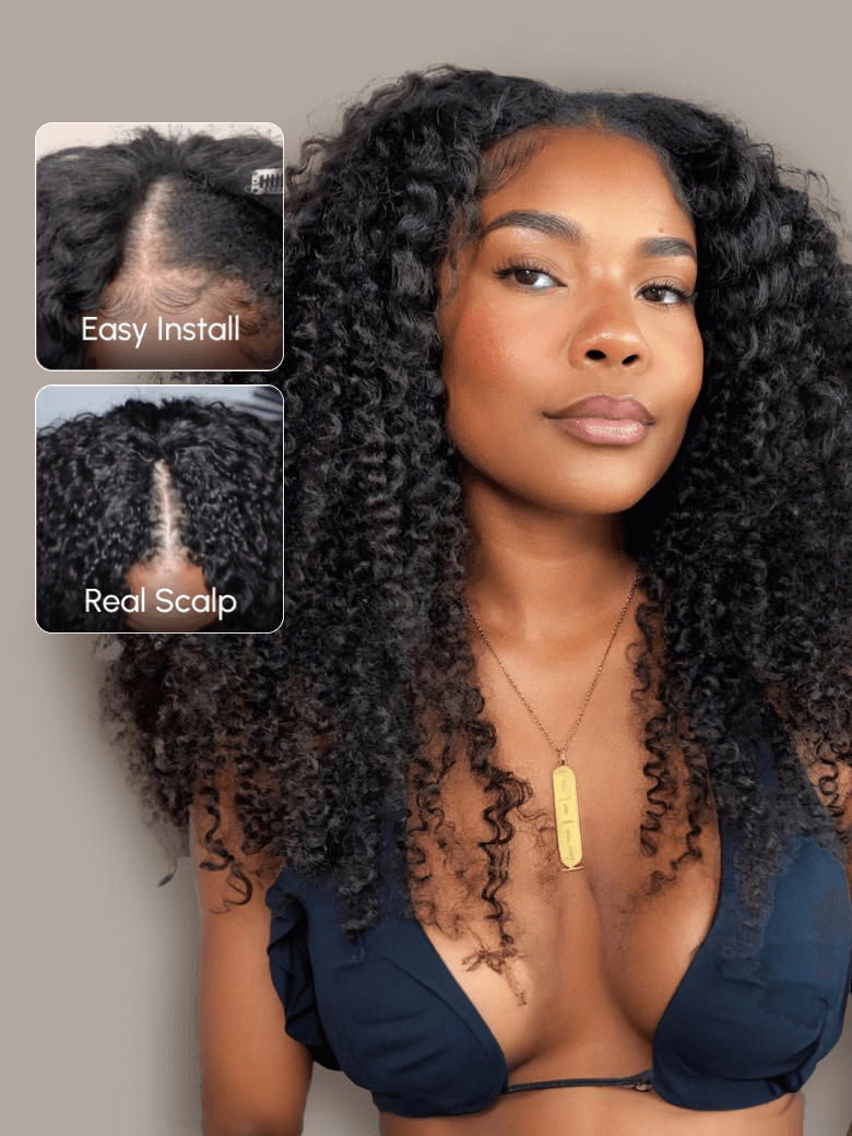 UNice Beginner Friendly EasiContour & Hand Tied V Part Kinky Curly Wig Glueless Protective Wig 150% Density