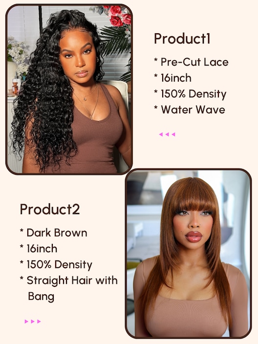 2 Wigs $184 for 16" Pre-cut Lace Water Wave Wig And 16" Dark Brown Straight Hair Wig with Bangs