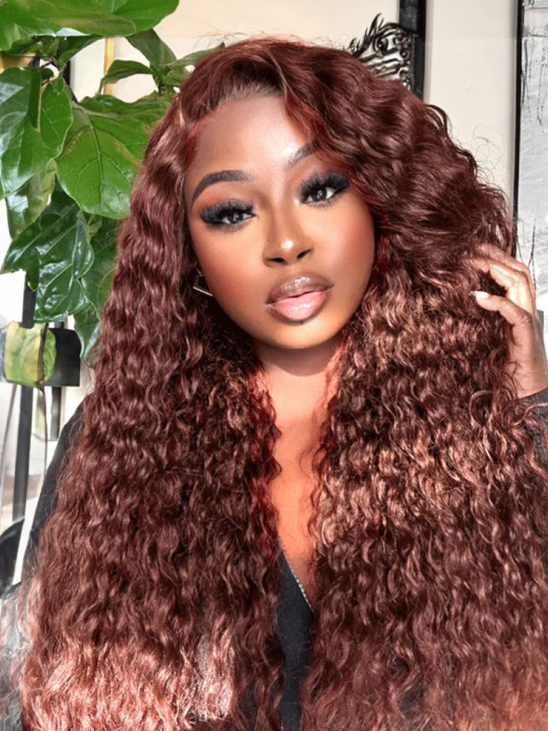 [180% Density] 24'' Reddish Brown Water Wave 13x4 Pre Everything Glueless Wig Pre-Cut Lace Pre-Bleached Knots