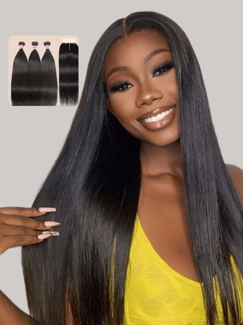 UNice Hair 3 Bundles With Closure Middle Part 100 Unprocessed Remy Human Hair T Part Lace Closure Natural Black Color