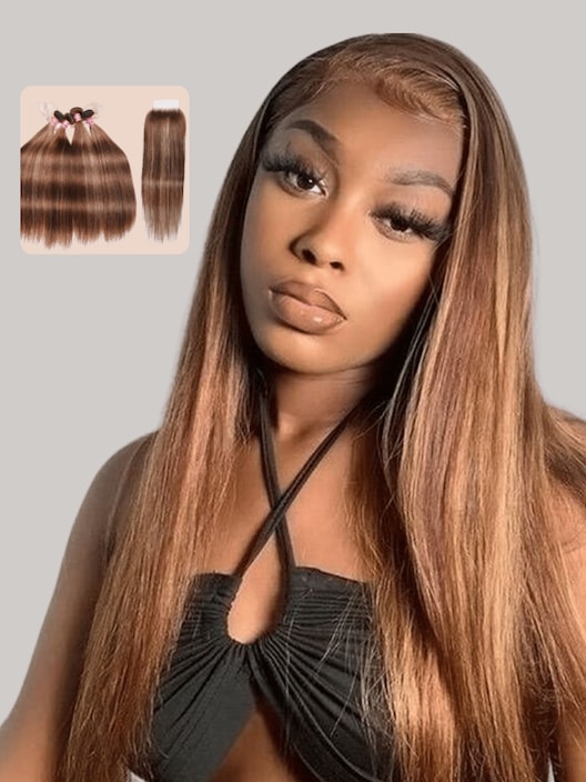 UNice Honey Blonde Piano Highlighted Straight 4Pcs Bundles With Closure